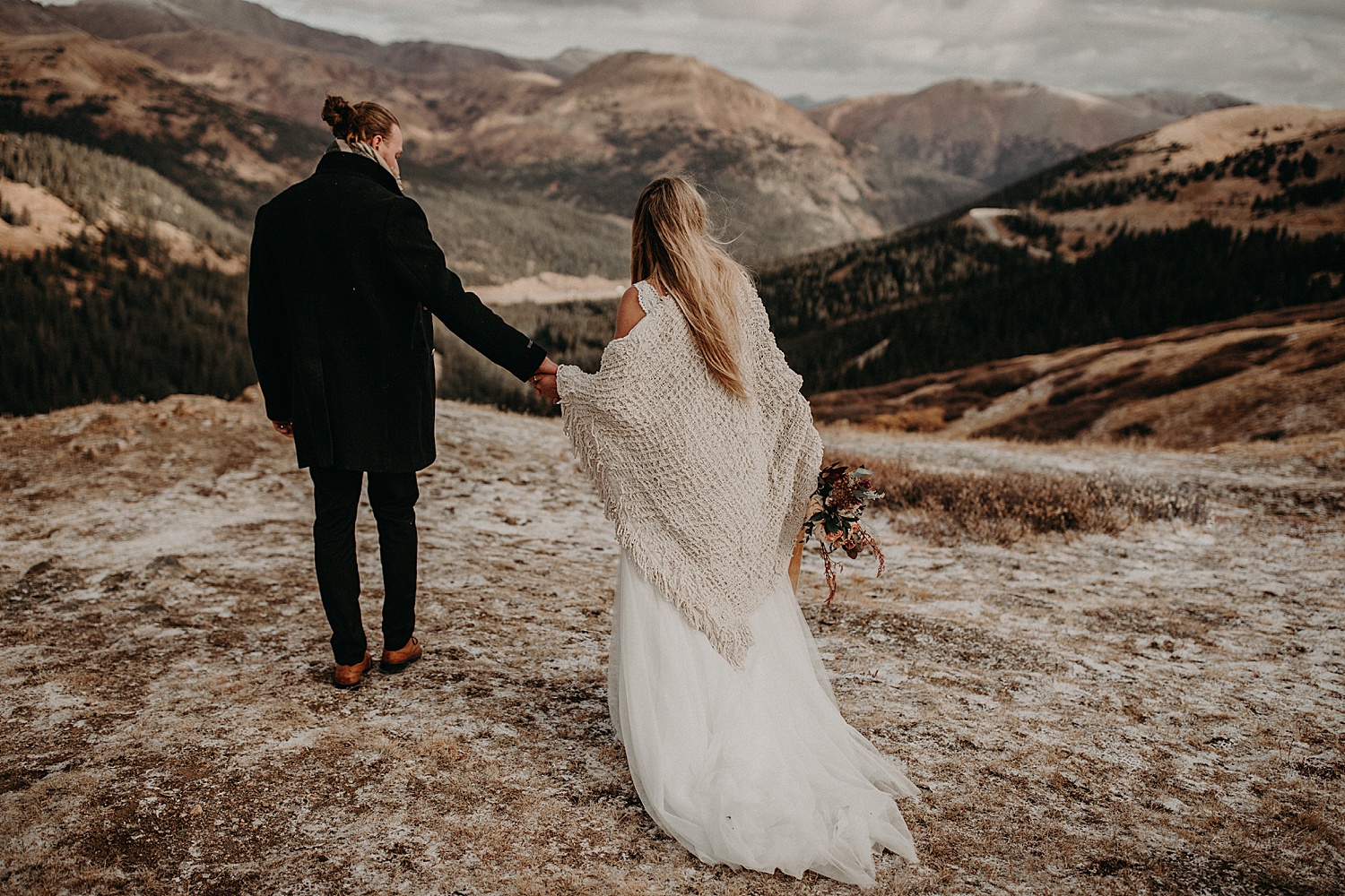 bride and groom walking elopement