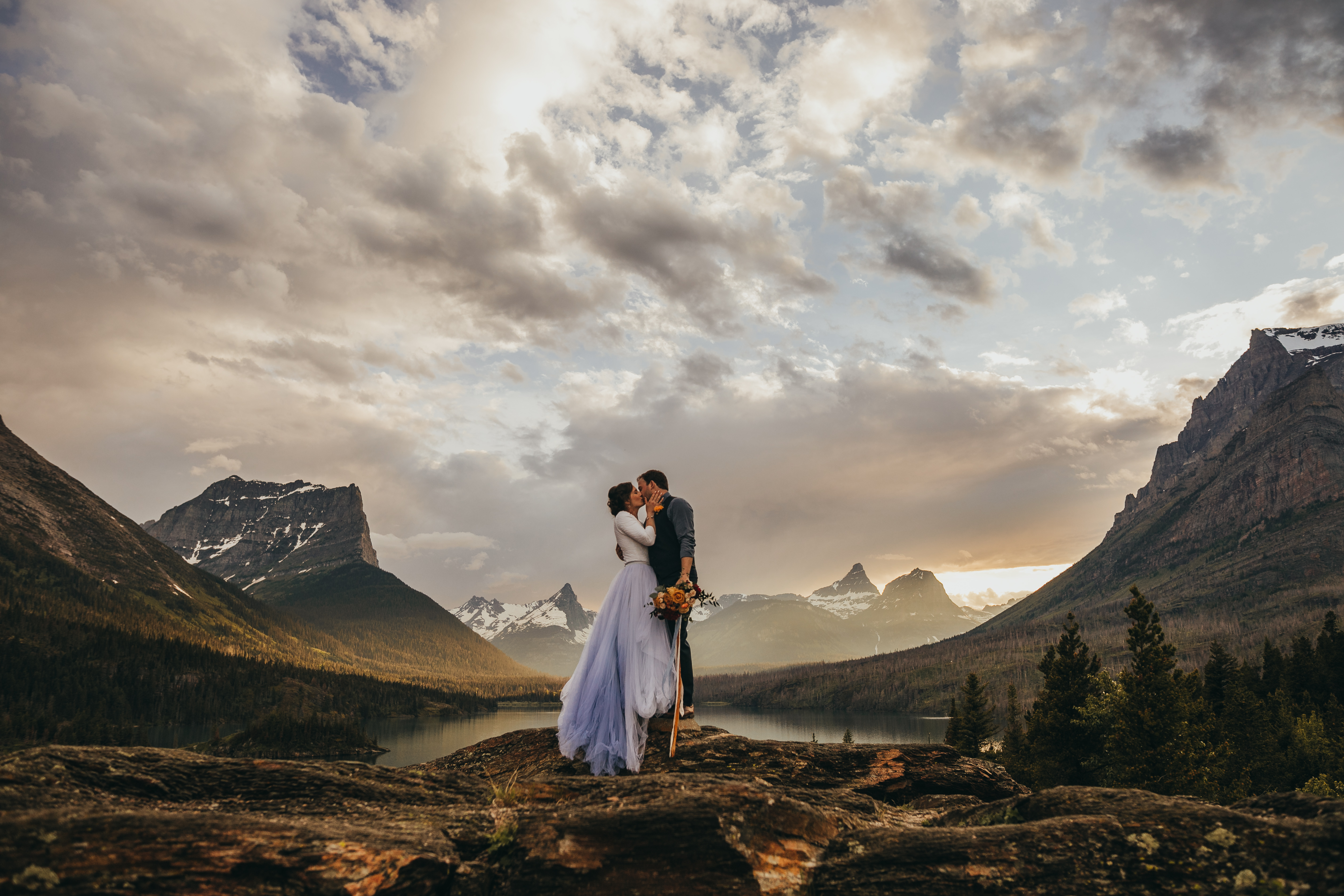 Sunset Bridal session in a blue tulle skirt, Glacier National Park Montana